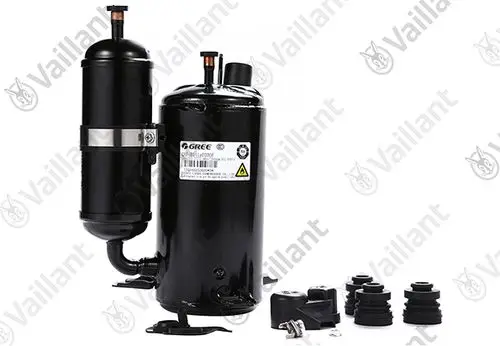Schwarzer Vaillant Kompressor mit voluminösem Gehäuse, Anschlussrohren und mehreren Gummisockeln, geeignet für Klimaanlagen.